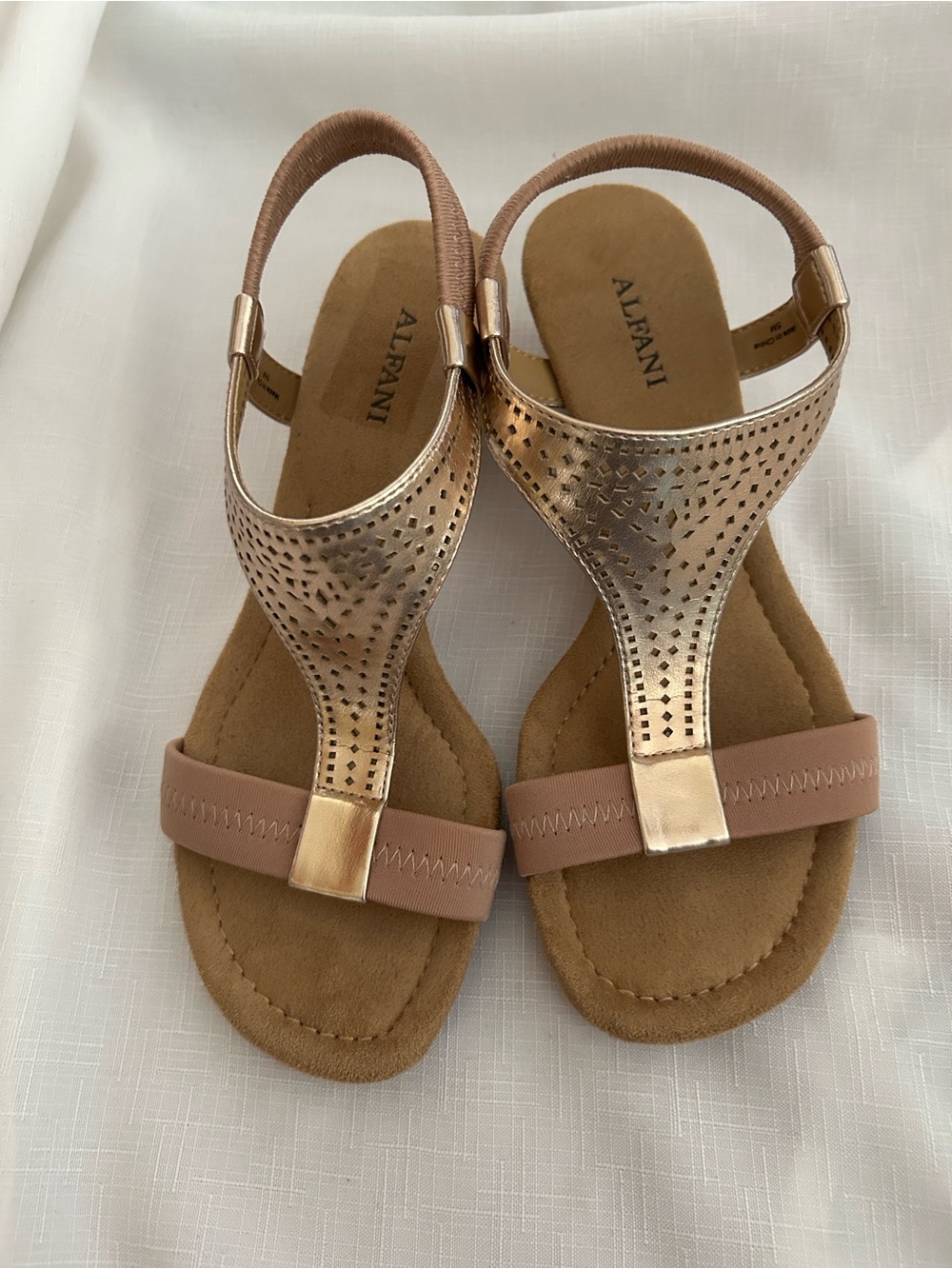 Alfani Rose Gold Metallic T-Strap Sandals with Blush Strap
